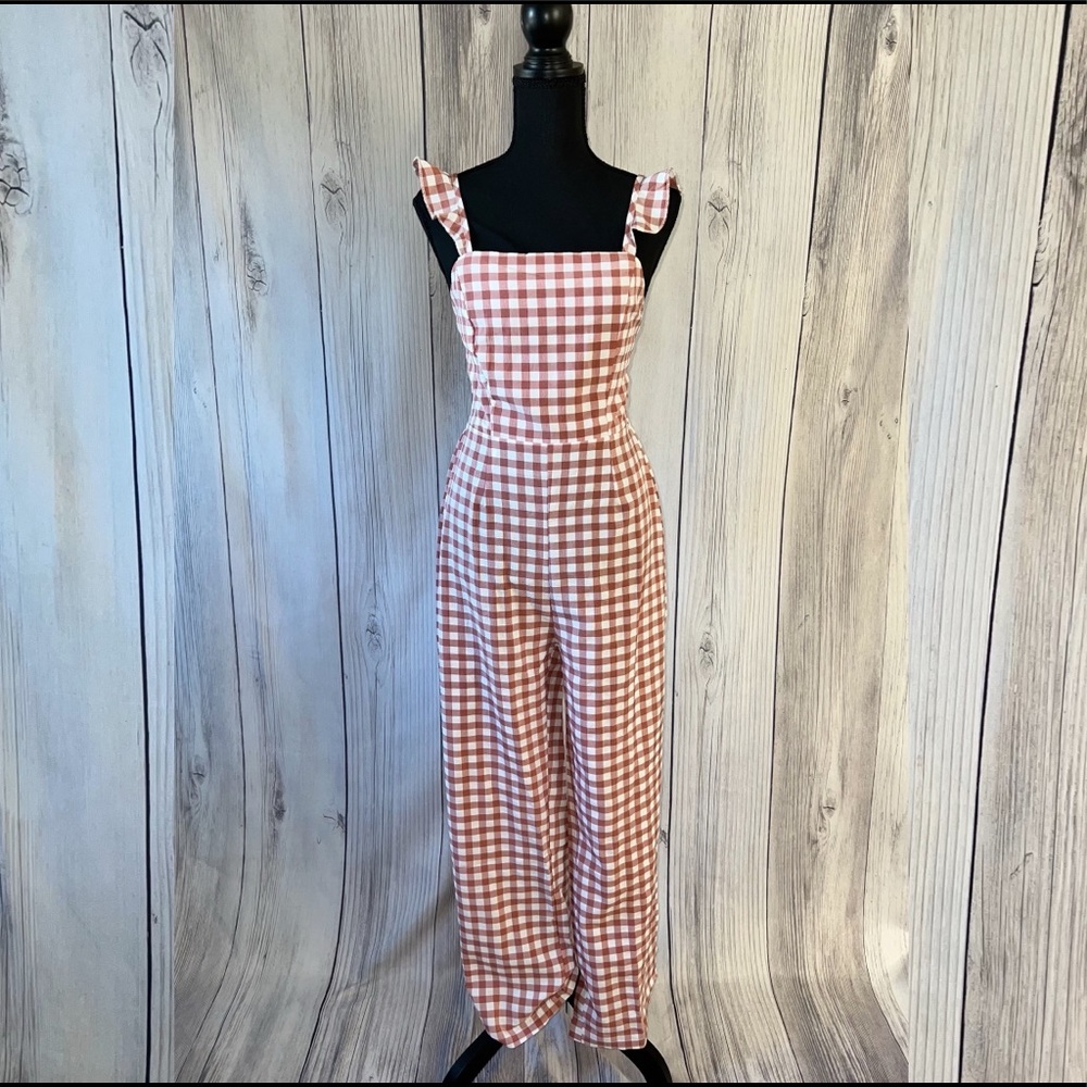 Gingham Tie Back Ruffle Straps Jumpsuit